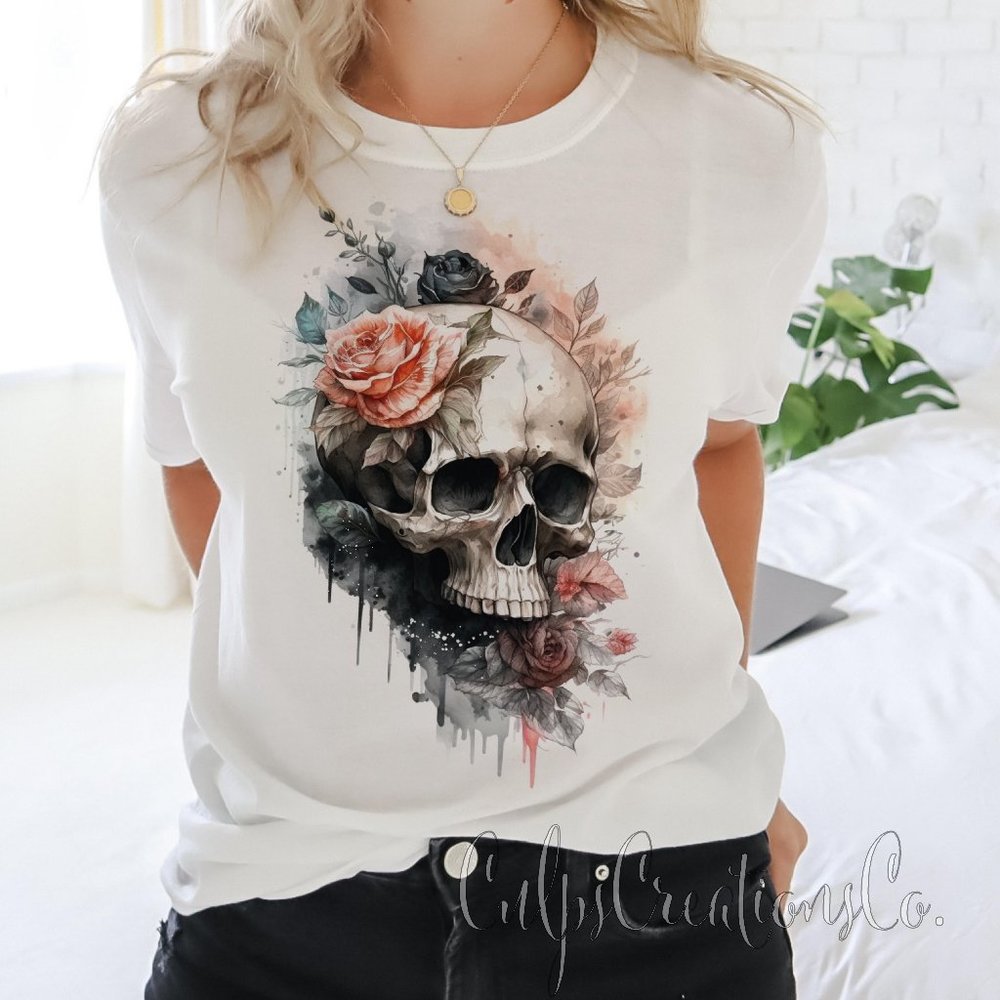 Watercolor boho floral skull artistic design womens short sleeve t shirt